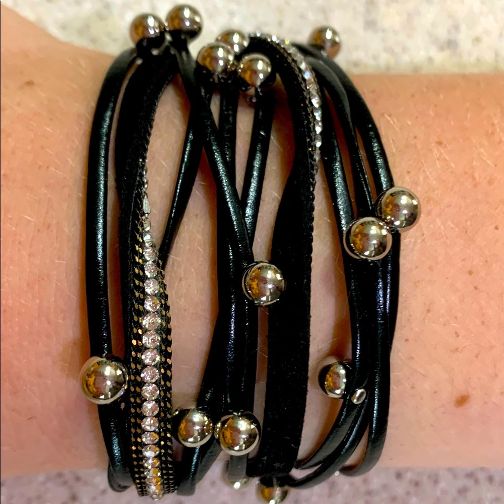 Leather and studded double wrap bracelet, with magnetic clasp.